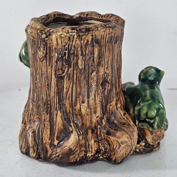 Vintage Majolica Style Bear Tree Trunk Planter Vase Green Brown Glaze - Picture 4 of 9